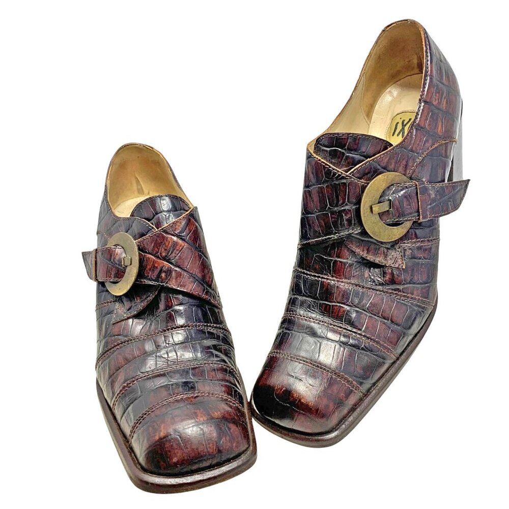 IXOS Reptile Embossed Italian Leather Monk Strap Chunky Heels‎